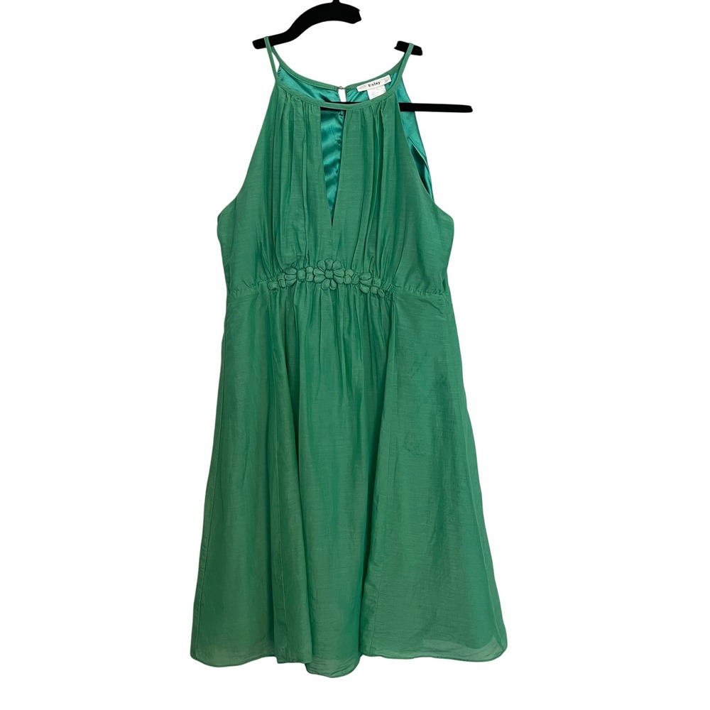 Esley Green Silk Cotton Halter Mini Dress Floral Applique Pleated Small 5102D